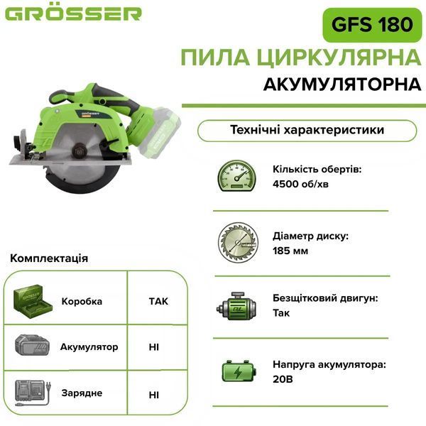 Аккумуляторная циркулярная пила Grosser GFS 180 20В, 185 мм, 4500 об/мин без АКБ G0151 фото