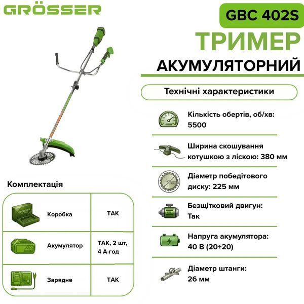 Аккумуляторный триммер Grosser GBC 402S 40 В, 5500 об/мин, 2 АКБ 4 А&middot;ч, бесщеточный 0137 фото