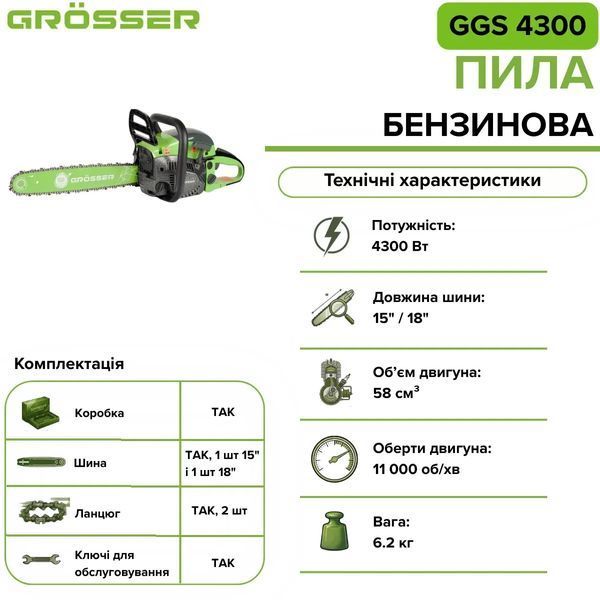 Бензиновая пила Grosser GGS 4300 4300 Вт, 58 см&sup3;, шины 15" и 18" G0168 фото