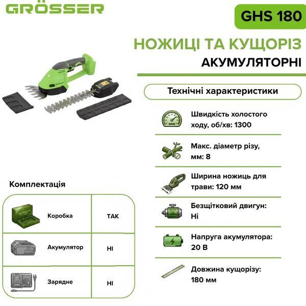 Аккумуляторные ножницы и кусторез Grosser GHS 180 20 В без АКБ G0145 фото