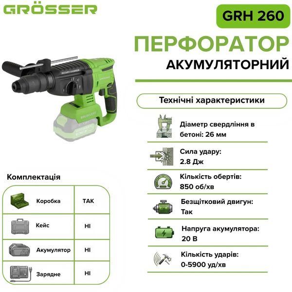 Акумуляторний перфоратор Grosser GRH 260 20 В, 2.8 Дж, 5900 уд/хв, 26 мм без АКБ G0116 фото