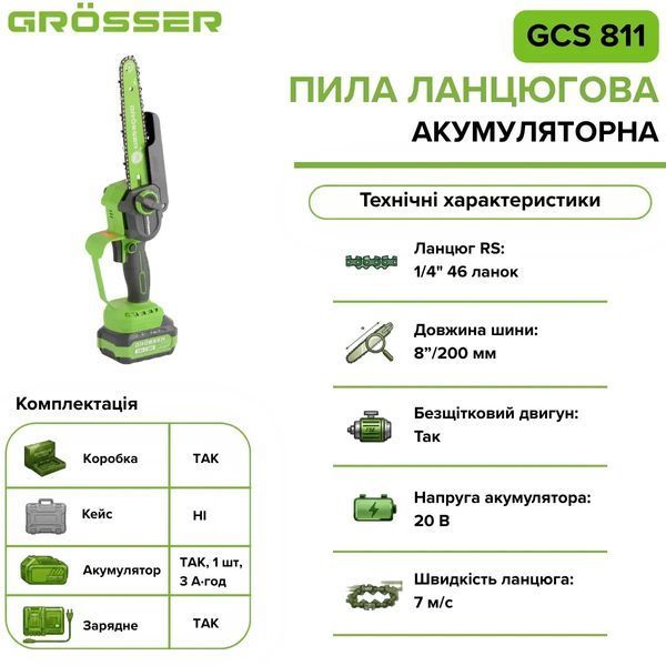Аккумуляторная цепная пила Grosser GCS 811 20 В, 200 мм, бесщеточная, 1 АКБ 3 А&middot;ч 0120 фото