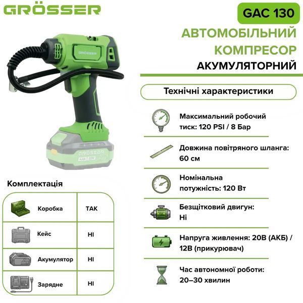 Аккумуляторный автомобильный компрессор Grosser GAC 130 20 В/12 В, 120 PSI, 8 Бар (без АКБ) G0319 фото