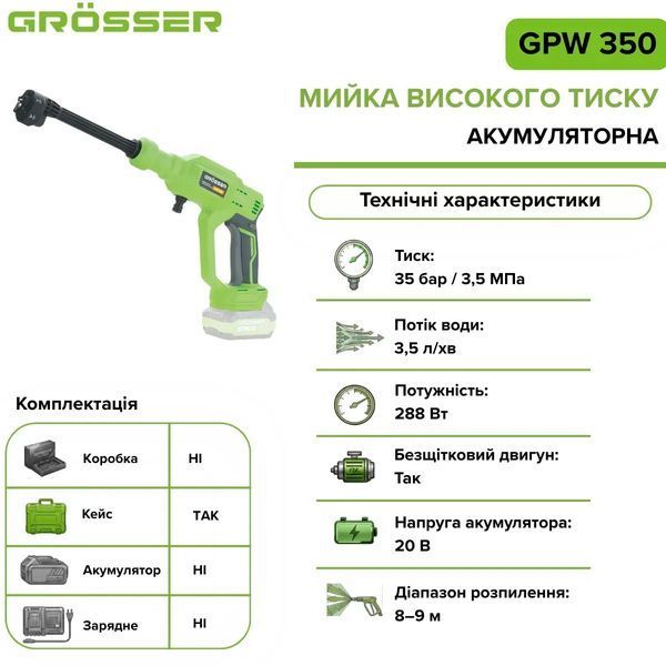 Мийка високого тиску акумуляторна Grosser GPW 350 20 В, 35 бар, 3,5 л/хв (без АКБ) G0285 фото