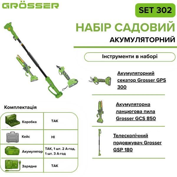Набір садовий акумуляторний Grosser SET 302 - секатор GPS 300, пила GCS 850, подовжувач GSP 180 0236 фото